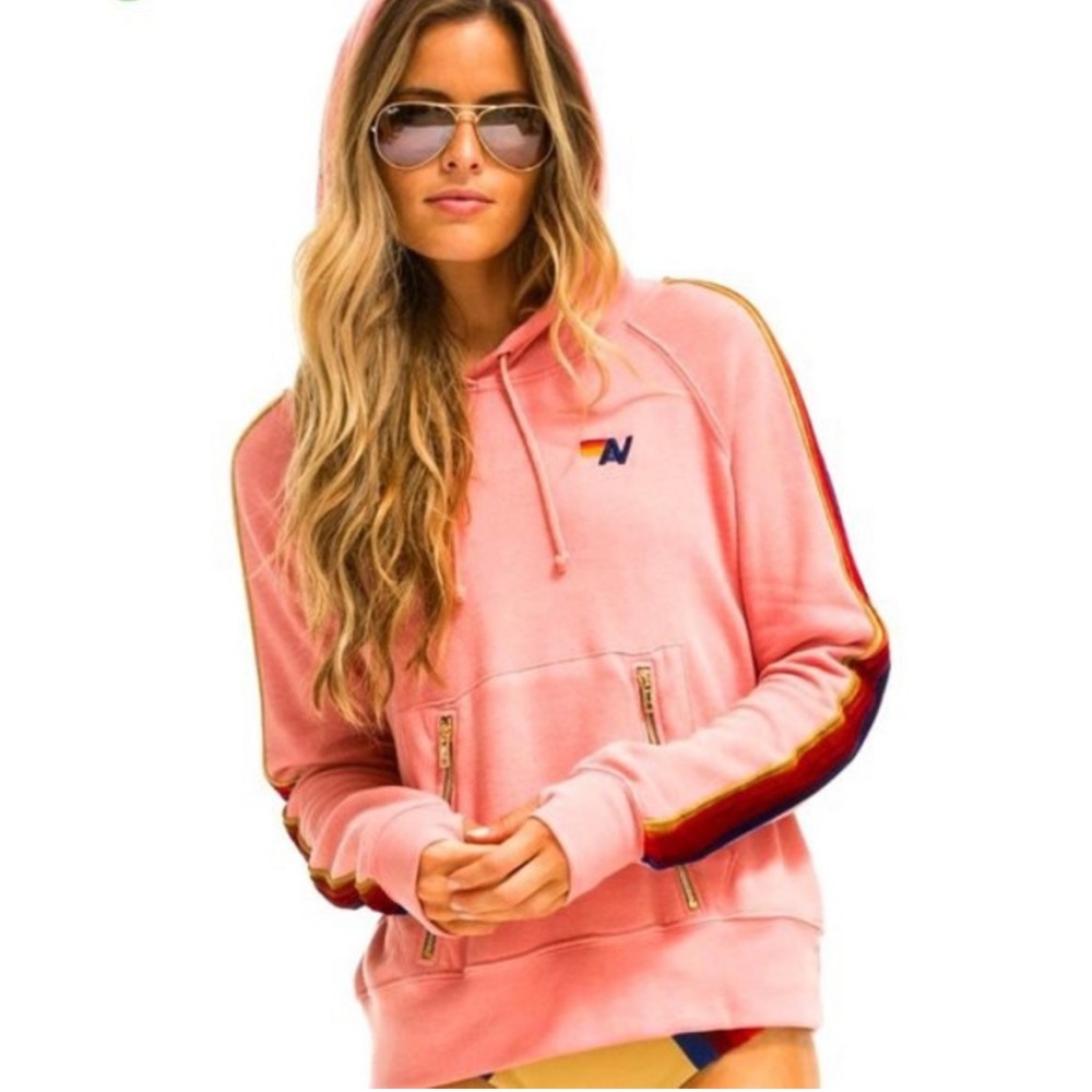 Aviator nation pink pullover hoodie with zip pockets and velvet stripe sleeves